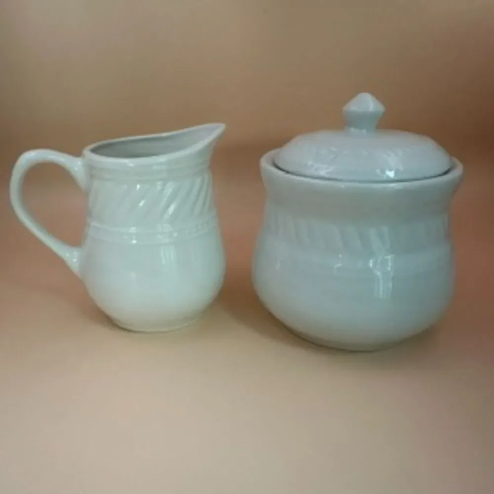 Gibson Imperial Braid White Creamer & Covered Sugar Bowl Set Vintage Farmhouse